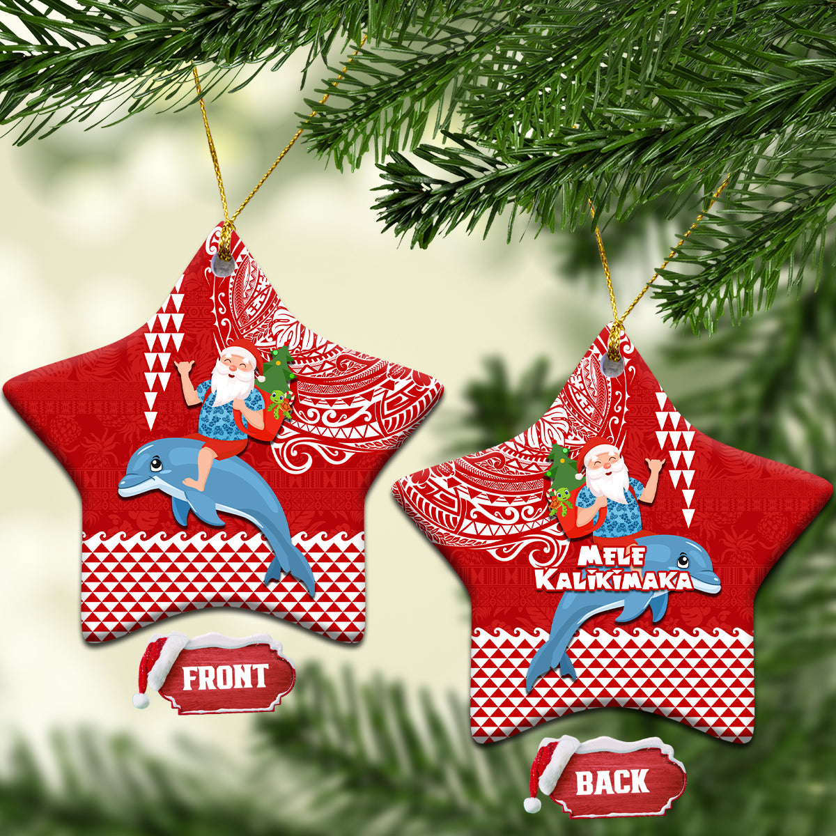 Hawaii Mele Kalikimaka Ceramic Ornament Santa Riding The DolPhin Mix Kakau Pattern Red Style LT03 Star Red - Polynesian Pride