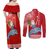 Hawaii Mele Kalikimaka Couples Matching Off Shoulder Maxi Dress and Long Sleeve Button Shirt Santa Riding The DolPhin Mix Kakau Pattern Red Style LT03 - Polynesian Pride
