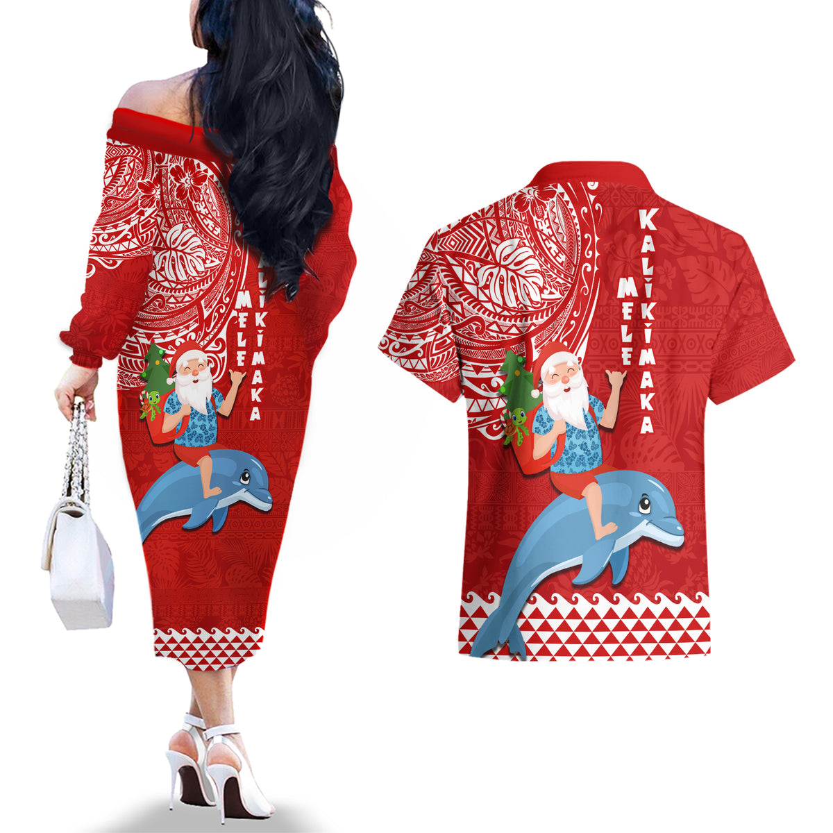 Hawaii Mele Kalikimaka Couples Matching Off The Shoulder Long Sleeve Dress and Hawaiian Shirt Santa Riding The DolPhin Mix Kakau Pattern Red Style LT03 - Polynesian Pride
