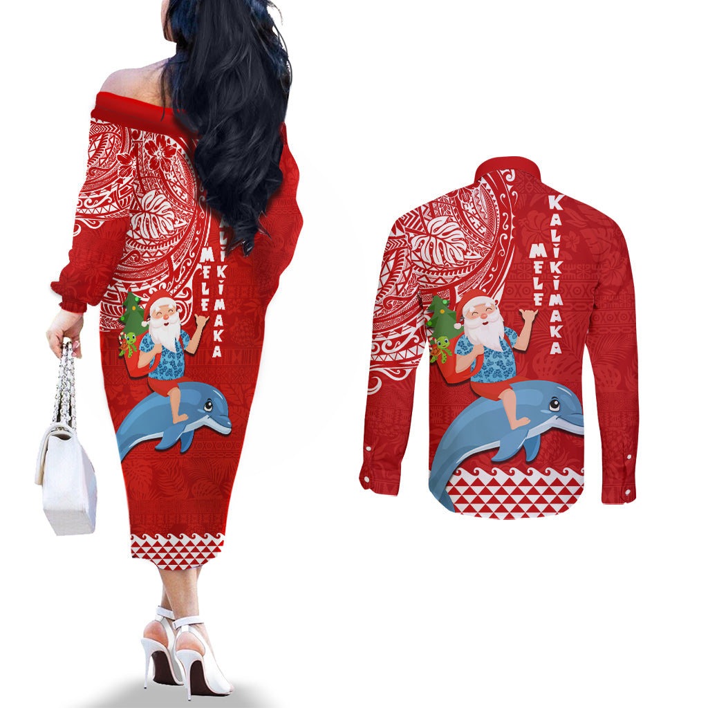 Hawaii Mele Kalikimaka Couples Matching Off The Shoulder Long Sleeve Dress and Long Sleeve Button Shirt Santa Riding The DolPhin Mix Kakau Pattern Red Style LT03 - Polynesian Pride