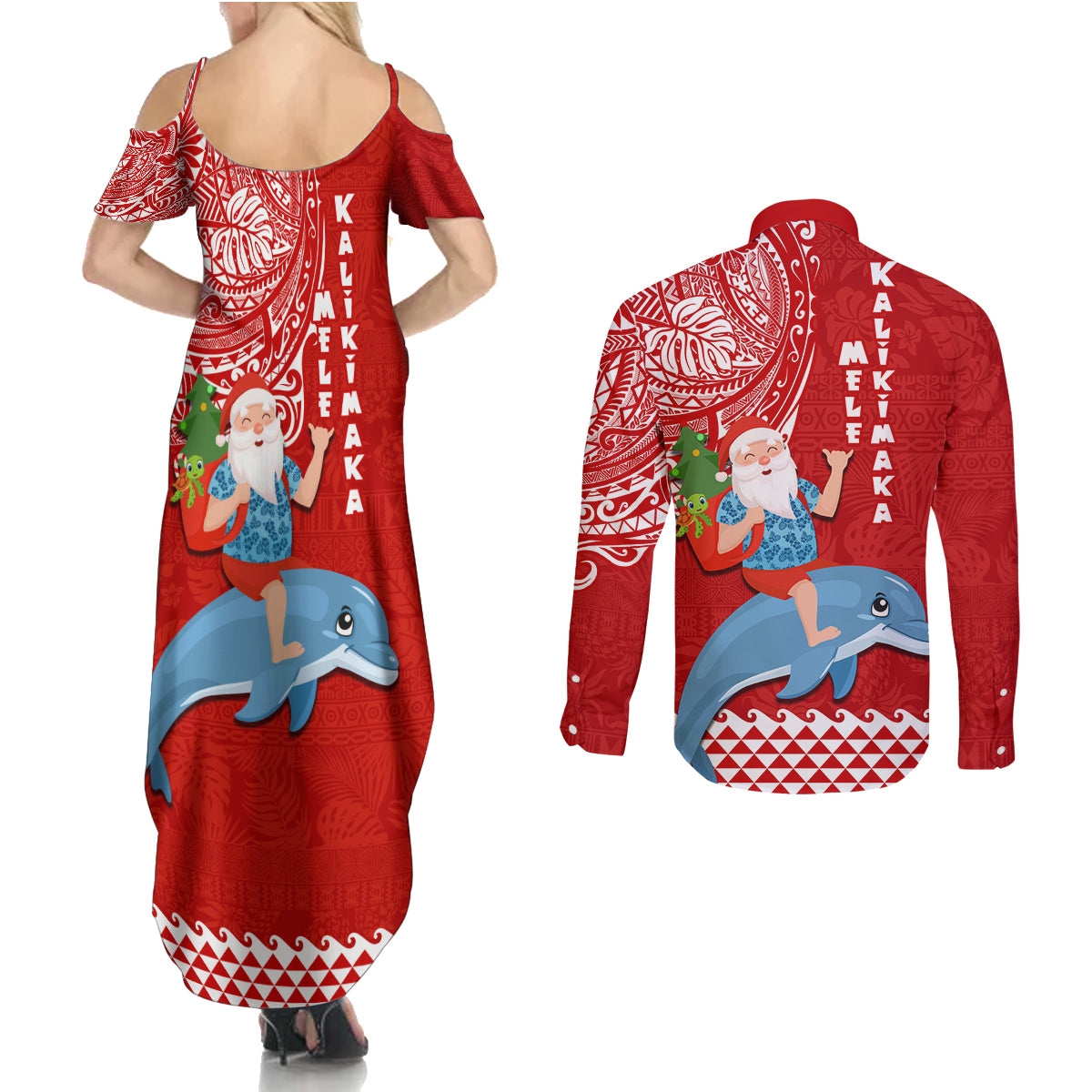 Hawaii Mele Kalikimaka Couples Matching Summer Maxi Dress and Long Sleeve Button Shirt Santa Riding The DolPhin Mix Kakau Pattern Red Style LT03 - Polynesian Pride