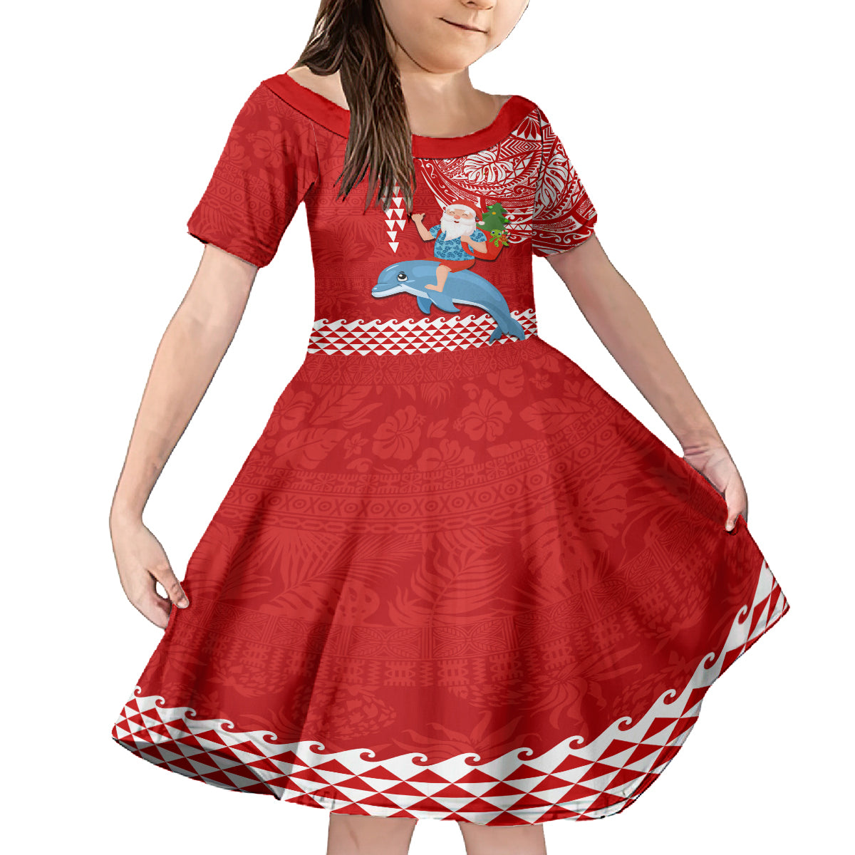 Hawaii Mele Kalikimaka Family Matching Off Shoulder Maxi Dress and Hawaiian Shirt Santa Riding The DolPhin Mix Kakau Pattern Red Style LT03 Daughter's Dress Red - Polynesian Pride