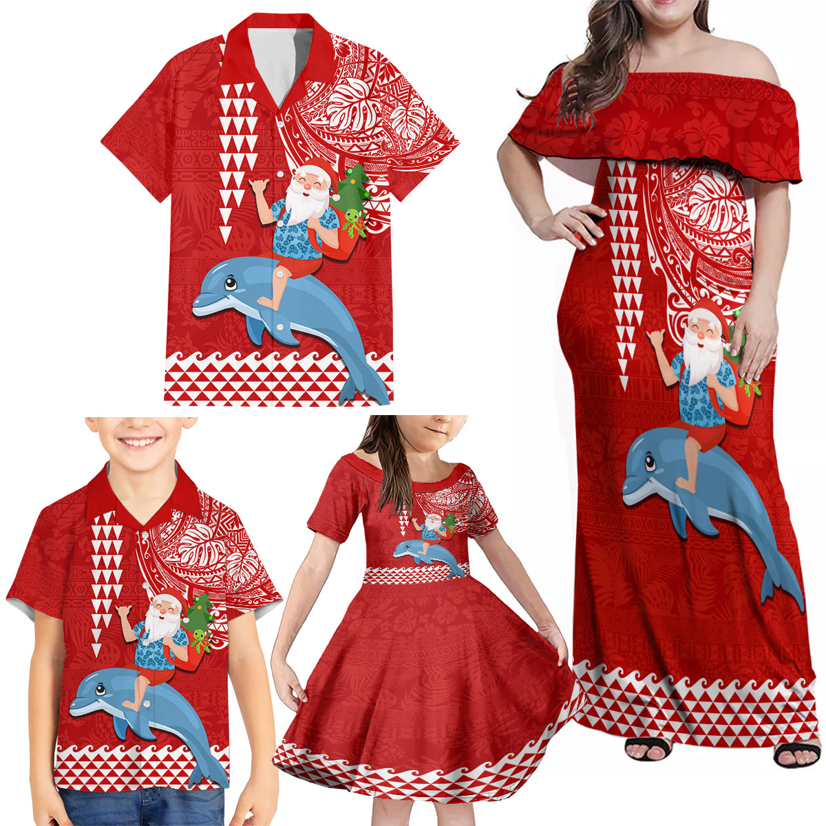 Hawaii Mele Kalikimaka Family Matching Off Shoulder Maxi Dress and Hawaiian Shirt Santa Riding The DolPhin Mix Kakau Pattern Red Style LT03 - Polynesian Pride