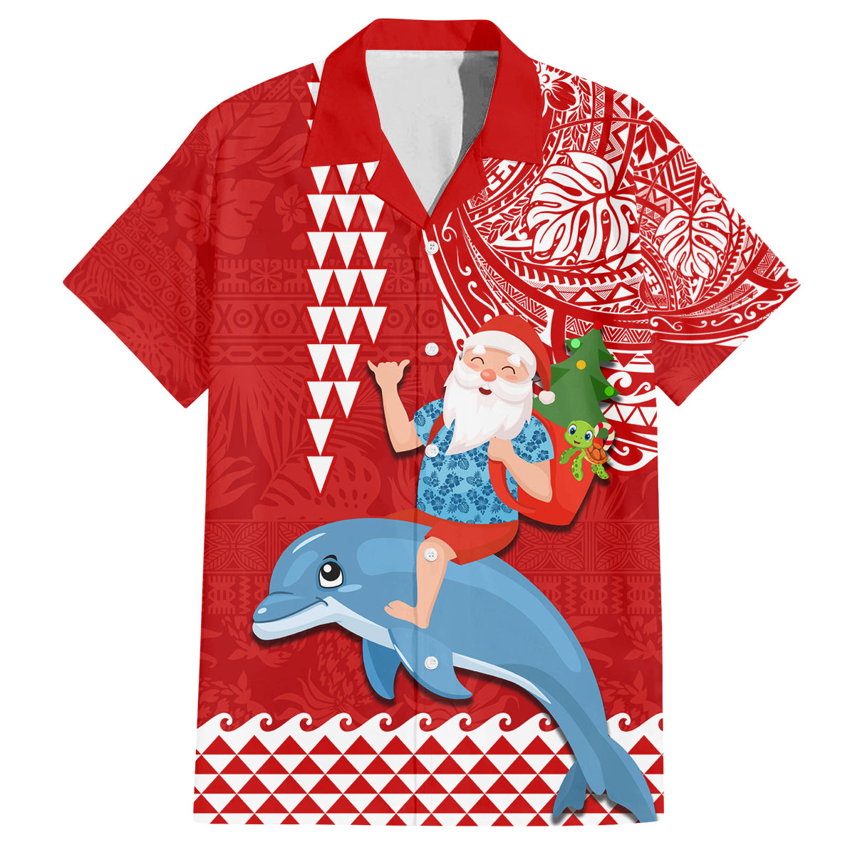 Hawaii Mele Kalikimaka Family Matching Off Shoulder Maxi Dress and Hawaiian Shirt Santa Riding The DolPhin Mix Kakau Pattern Red Style LT03 Dad's Shirt - Short Sleeve Red - Polynesian Pride