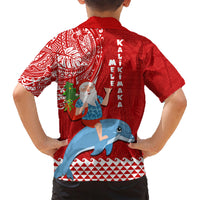 Hawaii Mele Kalikimaka Family Matching Short Sleeve Bodycon Dress and Hawaiian Shirt Santa Riding The DolPhin Mix Kakau Pattern Red Style LT03 - Polynesian Pride