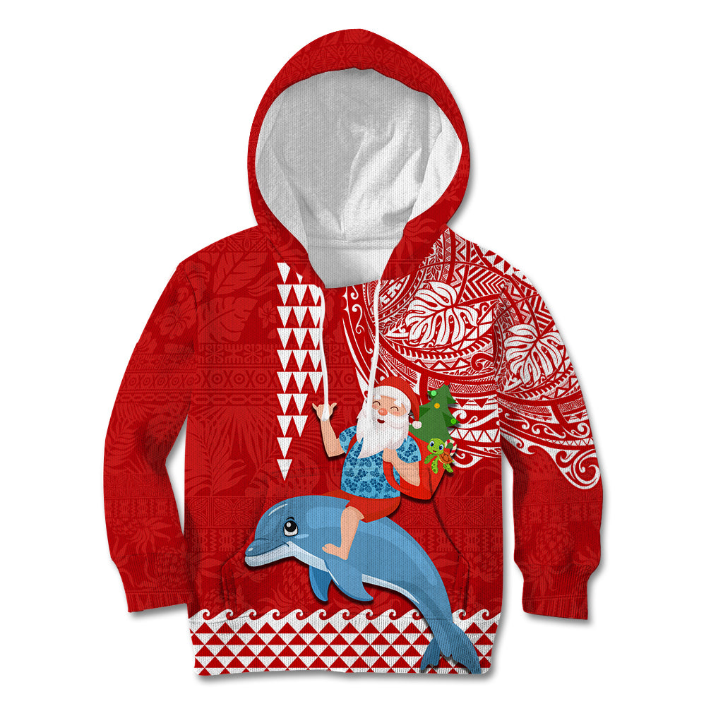 Hawaii Mele Kalikimaka Kid Hoodie Santa Riding The DolPhin Mix Kakau Pattern Red Style LT03 Red - Polynesian Pride