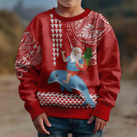 Hawaii Mele Kalikimaka Kid Ugly Christmas Sweater Santa Riding The DolPhin Mix Kakau Pattern Red Style LT03 - Polynesian Pride