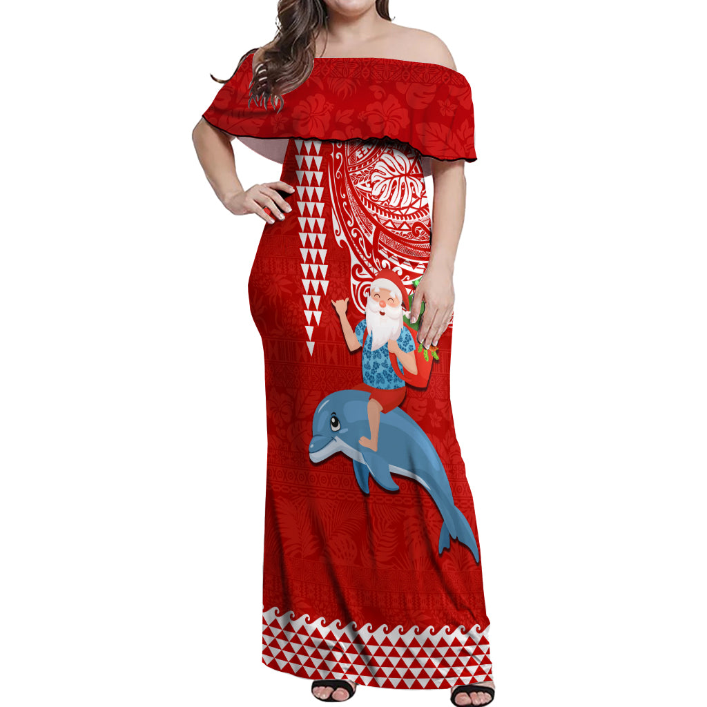 Hawaii Mele Kalikimaka Off Shoulder Maxi Dress Santa Riding The DolPhin Mix Kakau Pattern Red Style LT03 Women Red - Polynesian Pride