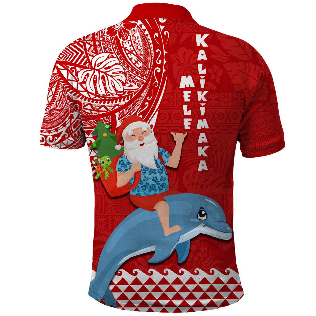 Hawaii Mele Kalikimaka Polo Shirt Santa Riding The DolPhin Mix Kakau Pattern Red Style LT03 - Polynesian Pride