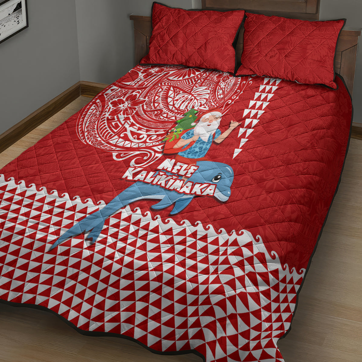 Hawaii Mele Kalikimaka Quilt Bed Set Santa Riding The DolPhin Mix Kakau Pattern Red Style LT03 - Polynesian Pride