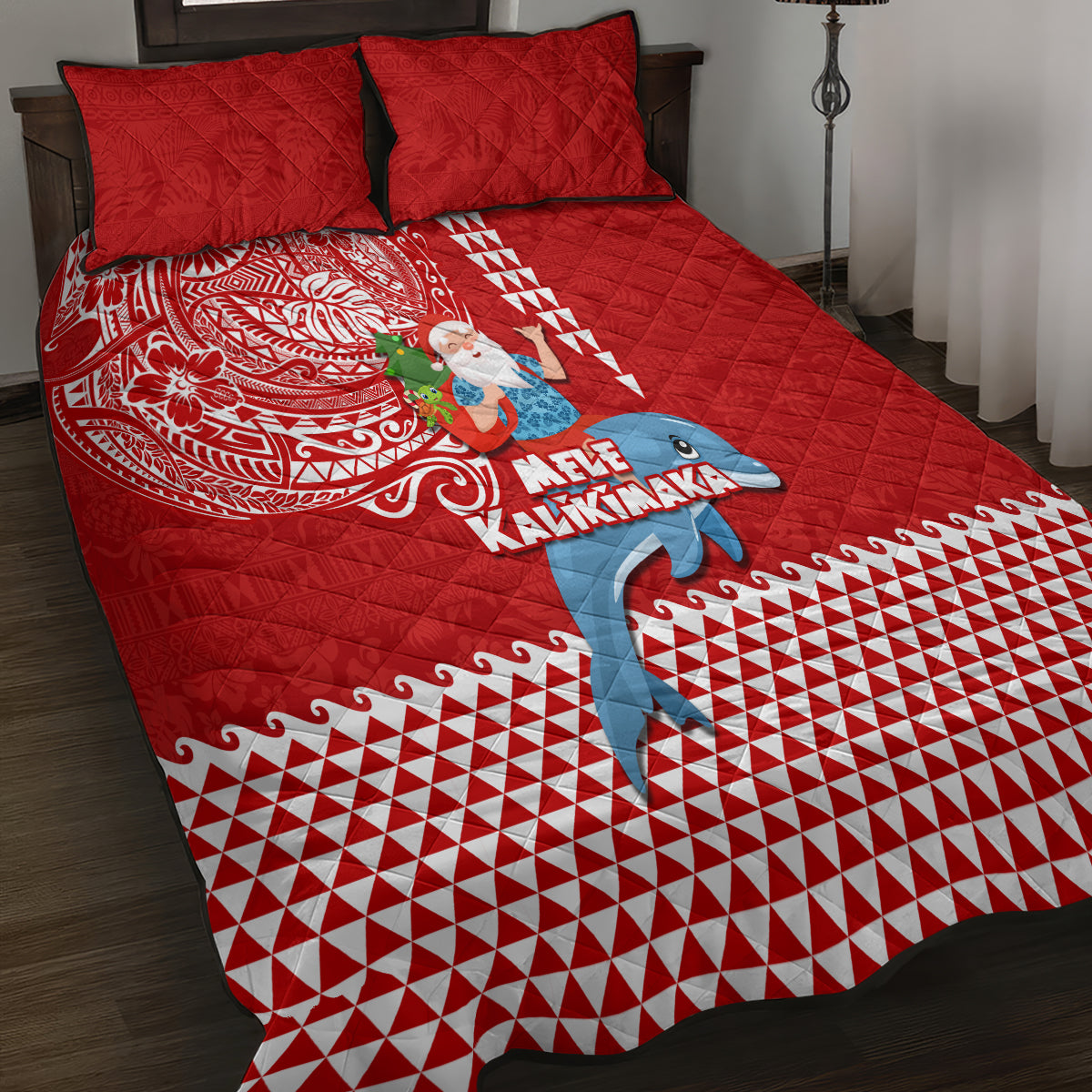 Hawaii Mele Kalikimaka Quilt Bed Set Santa Riding The DolPhin Mix Kakau Pattern Red Style LT03 - Polynesian Pride