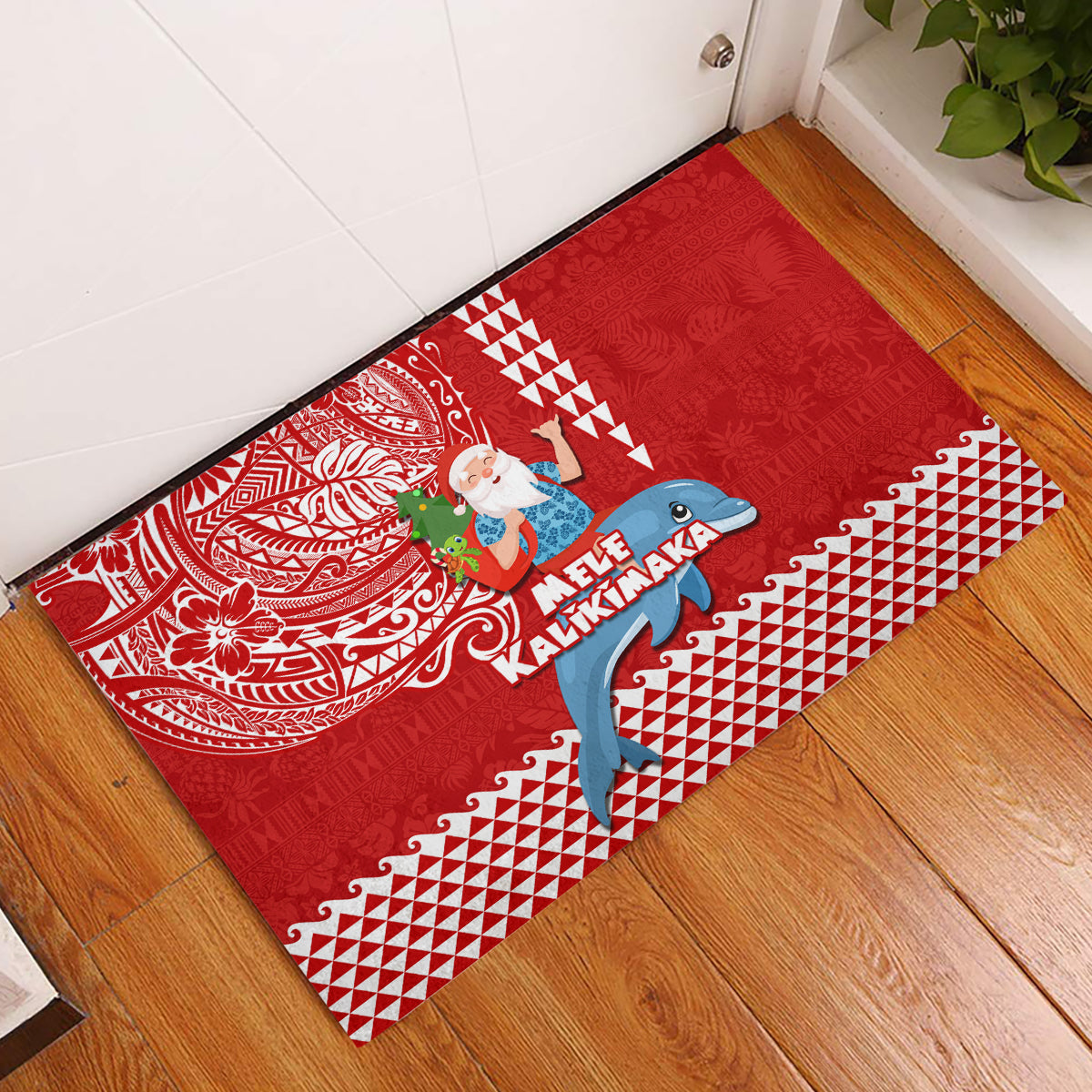 Hawaii Mele Kalikimaka Rubber Doormat Santa Riding The DolPhin Mix Kakau Pattern Red Style LT03 Red - Polynesian Pride