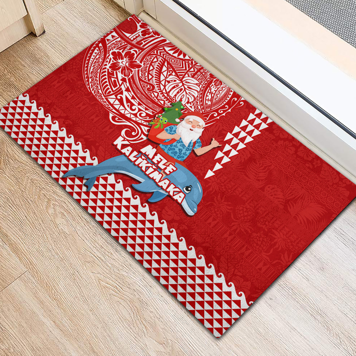 Hawaii Mele Kalikimaka Rubber Doormat Santa Riding The DolPhin Mix Kakau Pattern Red Style LT03 - Polynesian Pride