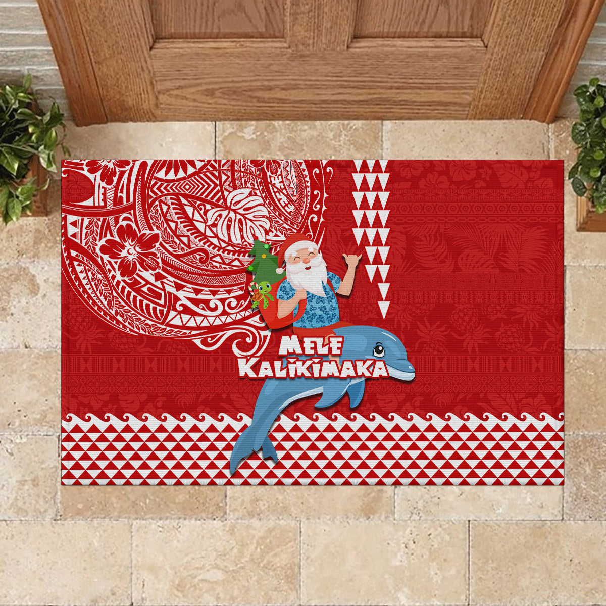 Hawaii Mele Kalikimaka Rubber Doormat Santa Riding The DolPhin Mix Kakau Pattern Red Style LT03 - Polynesian Pride