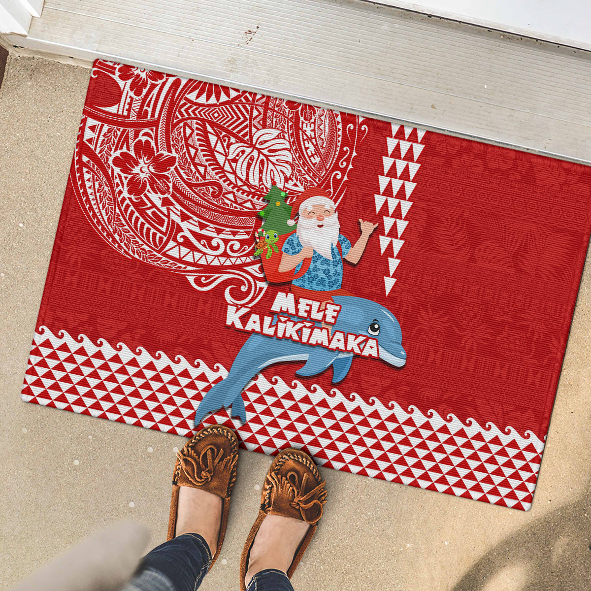 Hawaii Mele Kalikimaka Rubber Doormat Santa Riding The DolPhin Mix Kakau Pattern Red Style LT03 - Polynesian Pride