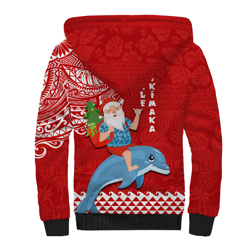 Hawaii Mele Kalikimaka Sherpa Hoodie Santa Riding The DolPhin Mix Kakau Pattern Red Style LT03 - Polynesian Pride