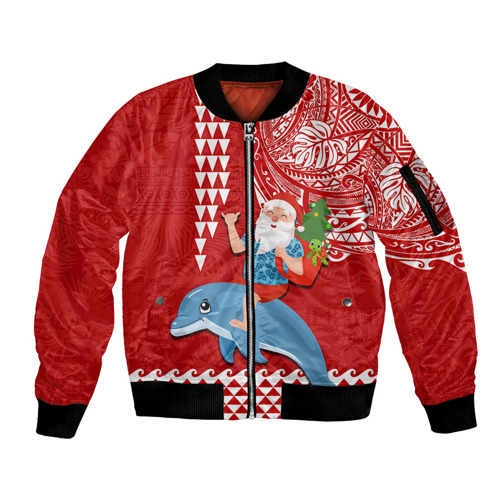 Hawaii Mele Kalikimaka Sleeve Zip Bomber Jacket Santa Riding The DolPhin Mix Kakau Pattern Red Style LT03 Unisex Red - Polynesian Pride