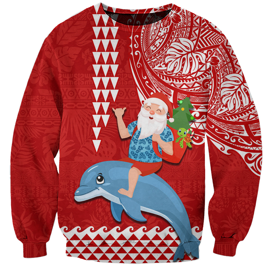 Hawaii Mele Kalikimaka Sweatshirt Santa Riding The DolPhin Mix Kakau Pattern Red Style LT03 Unisex Red - Polynesian Pride