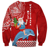Hawaii Mele Kalikimaka Sweatshirt Santa Riding The DolPhin Mix Kakau Pattern Red Style LT03 - Polynesian Pride