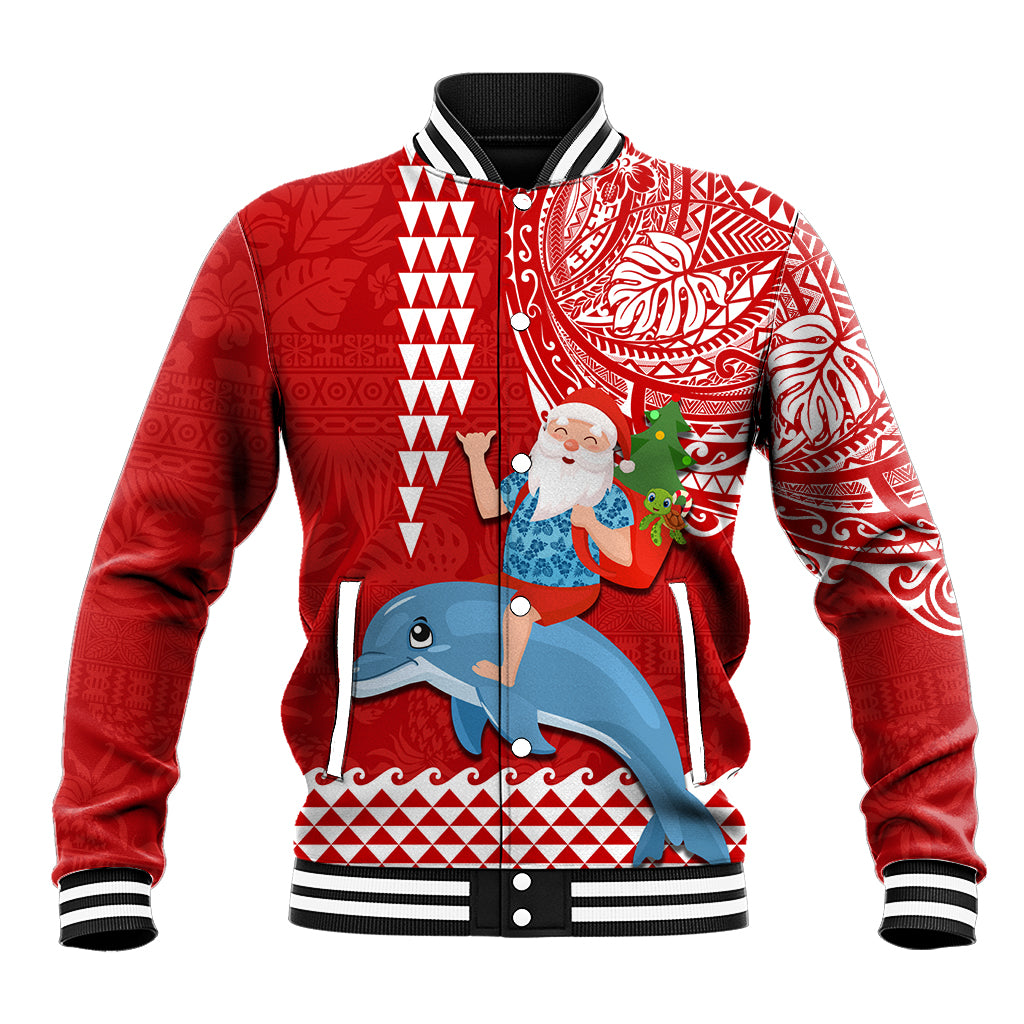Custom Hawaii Mele Kalikimaka Baseball Jacket Santa Riding The DolPhin Mix Kakau Pattern Red Style LT03 Unisex Red - Polynesian Pride