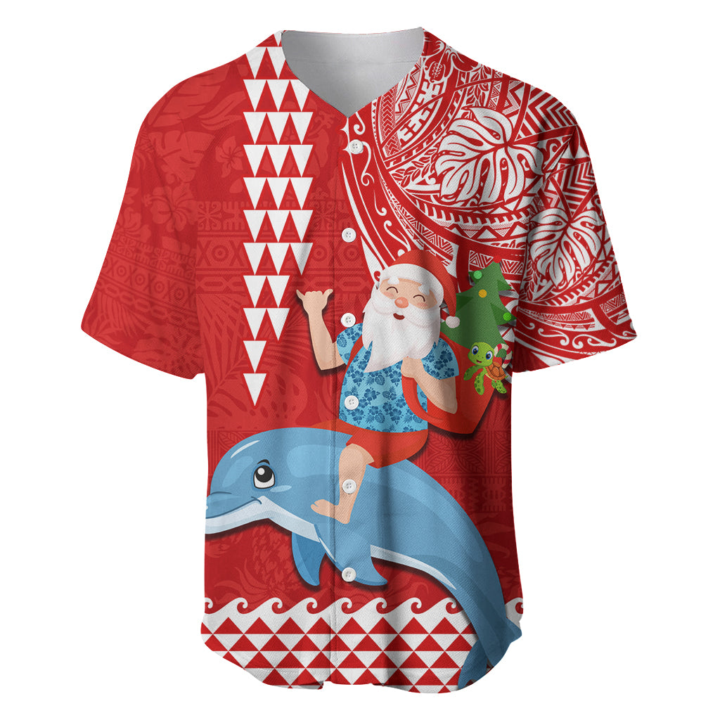 Custom Hawaii Mele Kalikimaka Baseball Jersey Santa Riding The DolPhin Mix Kakau Pattern Red Style LT03 Red - Polynesian Pride