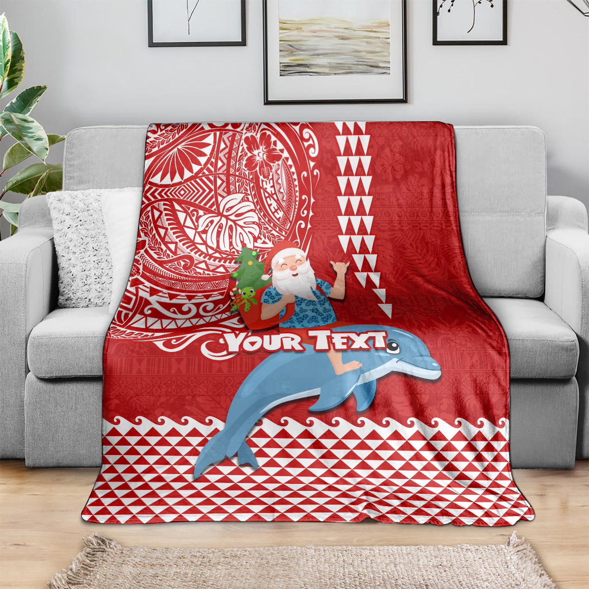 Custom Hawaii Mele Kalikimaka Blanket Santa Riding The DolPhin Mix Kakau Pattern Red Style LT03 - Polynesian Pride