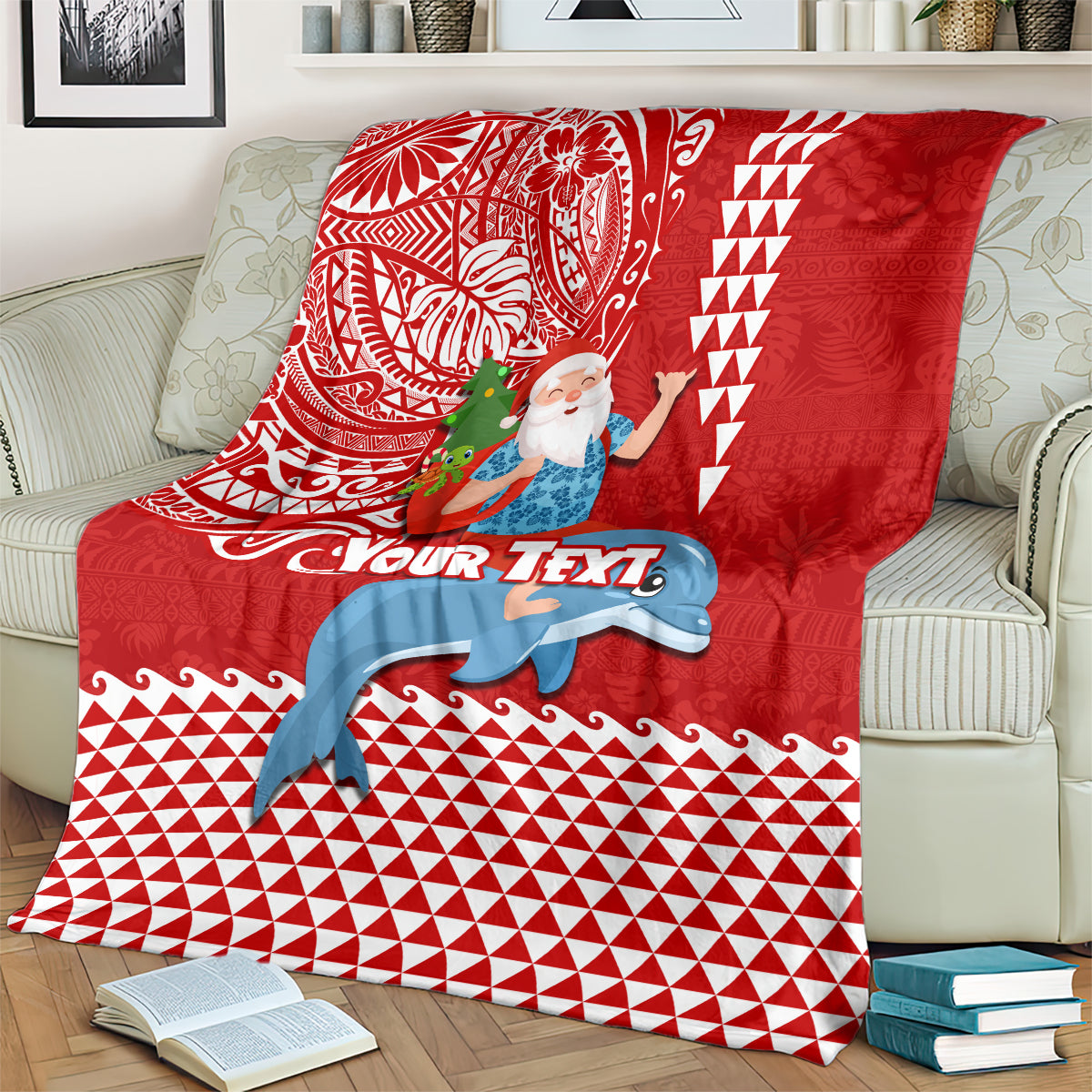 Custom Hawaii Mele Kalikimaka Blanket Santa Riding The DolPhin Mix Kakau Pattern Red Style LT03 - Polynesian Pride
