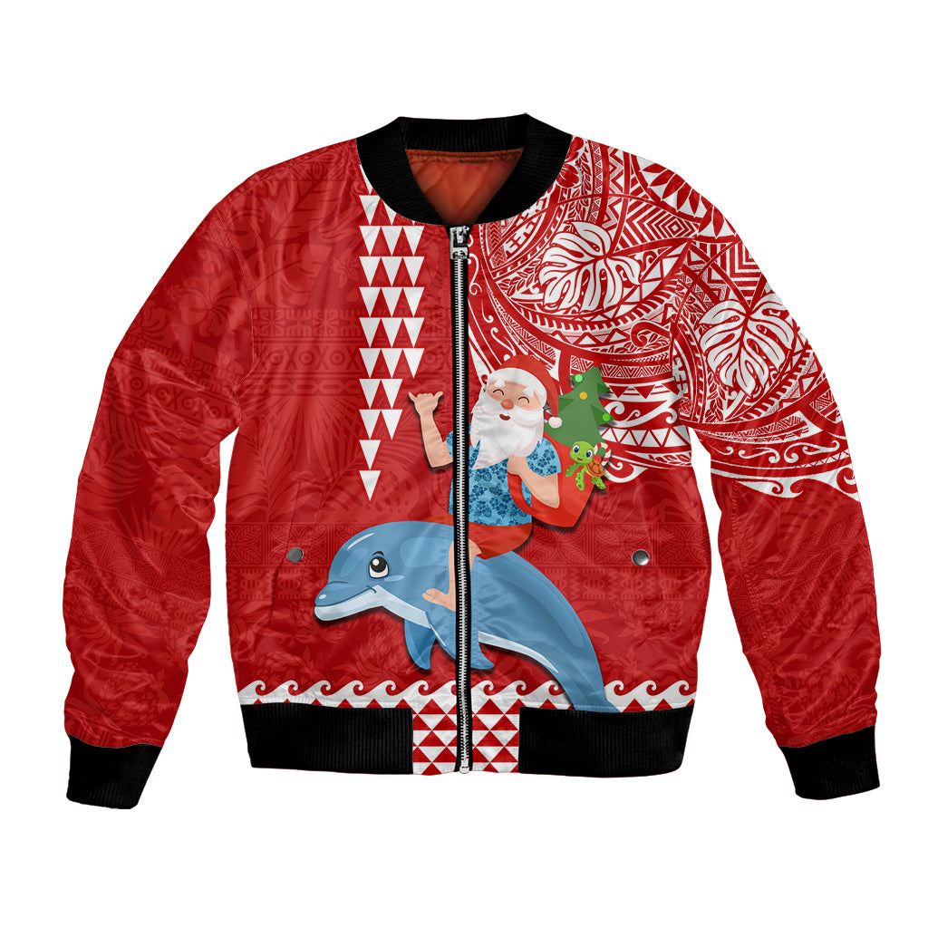 Custom Hawaii Mele Kalikimaka Bomber Jacket Santa Riding The DolPhin Mix Kakau Pattern Red Style LT03 Unisex Red - Polynesian Pride