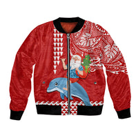 Custom Hawaii Mele Kalikimaka Bomber Jacket Santa Riding The DolPhin Mix Kakau Pattern Red Style LT03 Unisex Red - Polynesian Pride
