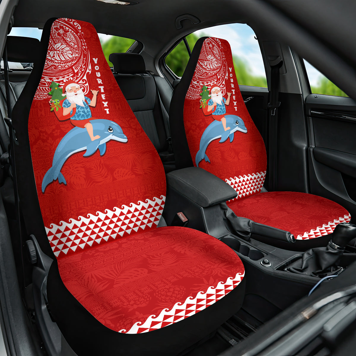 Custom Hawaii Mele Kalikimaka Car Seat Cover Santa Riding The DolPhin Mix Kakau Pattern Red Style LT03 One Size Red - Polynesian Pride