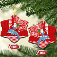Custom Hawaii Mele Kalikimaka Ceramic Ornament Santa Riding The DolPhin Mix Kakau Pattern Red Style LT03 Snow Flake Red - Polynesian Pride
