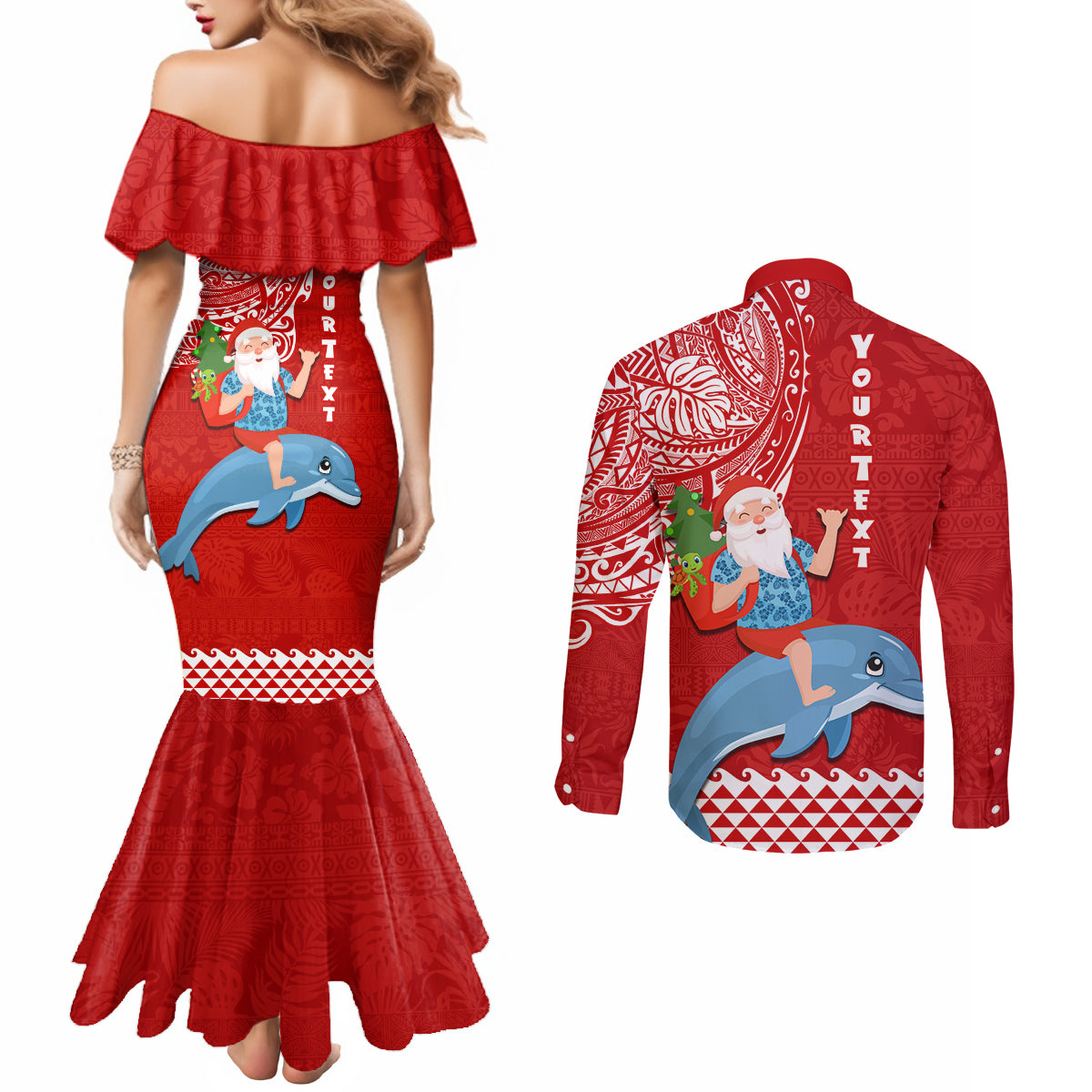 Custom Hawaii Mele Kalikimaka Couples Matching Mermaid Dress and Long Sleeve Button Shirt Santa Riding The DolPhin Mix Kakau Pattern Red Style LT03 - Polynesian Pride