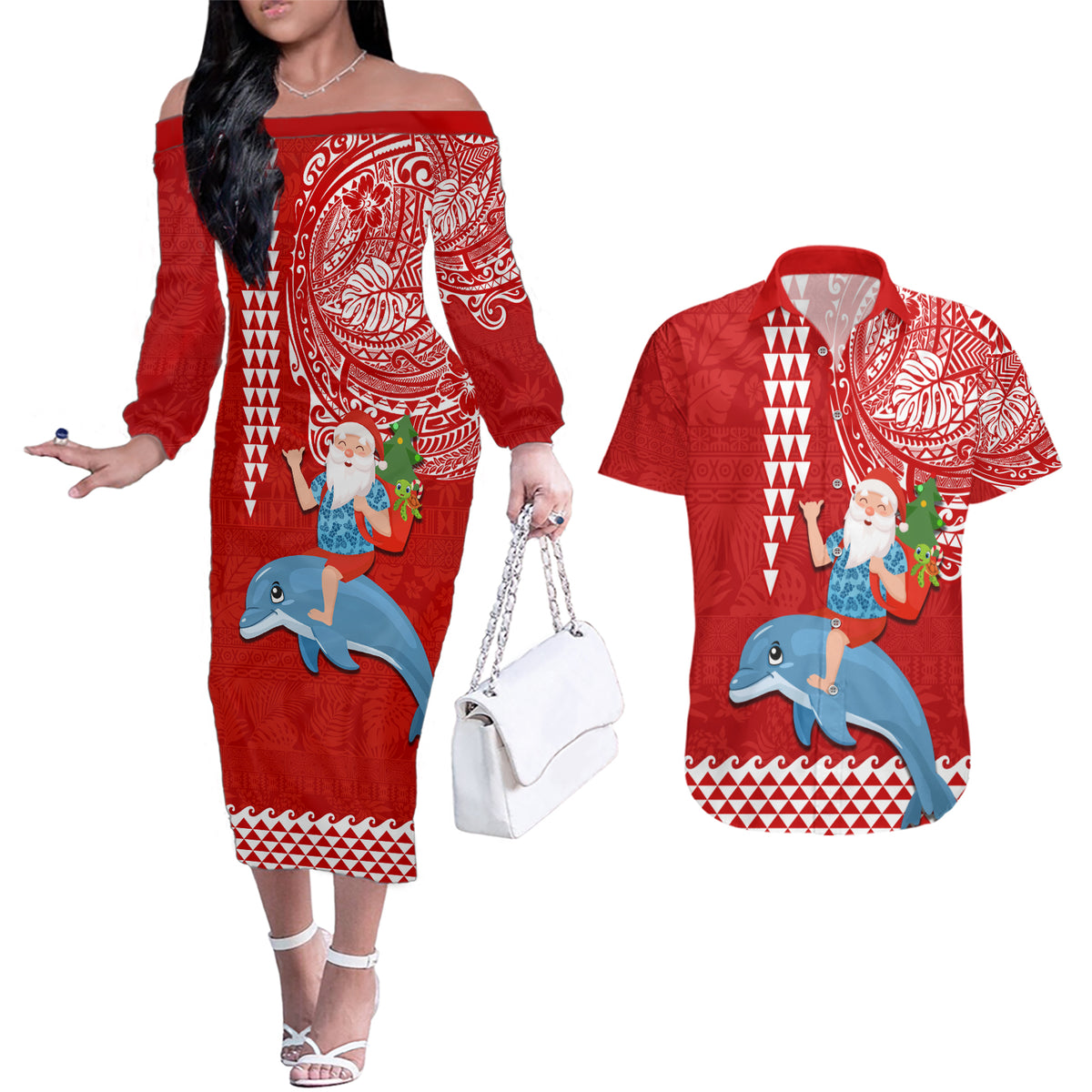Custom Hawaii Mele Kalikimaka Couples Matching Off The Shoulder Long Sleeve Dress and Hawaiian Shirt Santa Riding The DolPhin Mix Kakau Pattern Red Style LT03 Red - Polynesian Pride