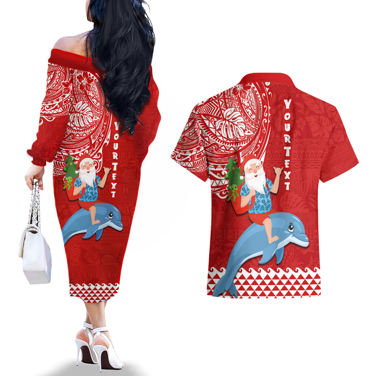 Custom Hawaii Mele Kalikimaka Couples Matching Off The Shoulder Long Sleeve Dress and Hawaiian Shirt Santa Riding The DolPhin Mix Kakau Pattern Red Style LT03 - Polynesian Pride