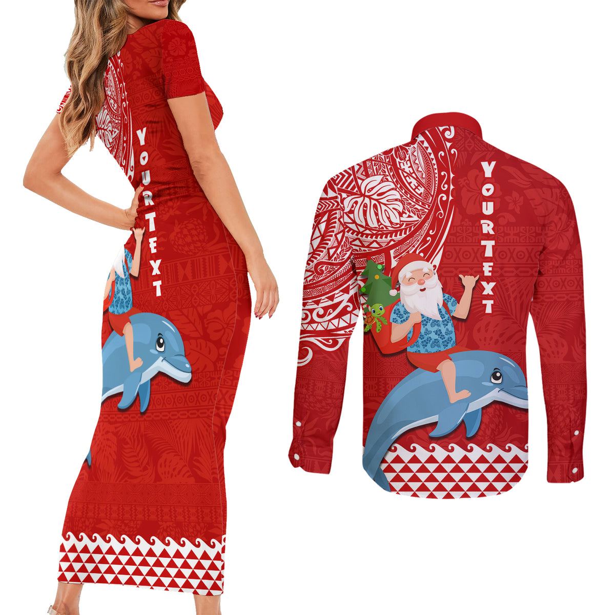Custom Hawaii Mele Kalikimaka Couples Matching Short Sleeve Bodycon Dress and Long Sleeve Button Shirt Santa Riding The DolPhin Mix Kakau Pattern Red Style LT03 - Polynesian Pride