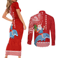 Custom Hawaii Mele Kalikimaka Couples Matching Short Sleeve Bodycon Dress and Long Sleeve Button Shirt Santa Riding The DolPhin Mix Kakau Pattern Red Style LT03 - Polynesian Pride