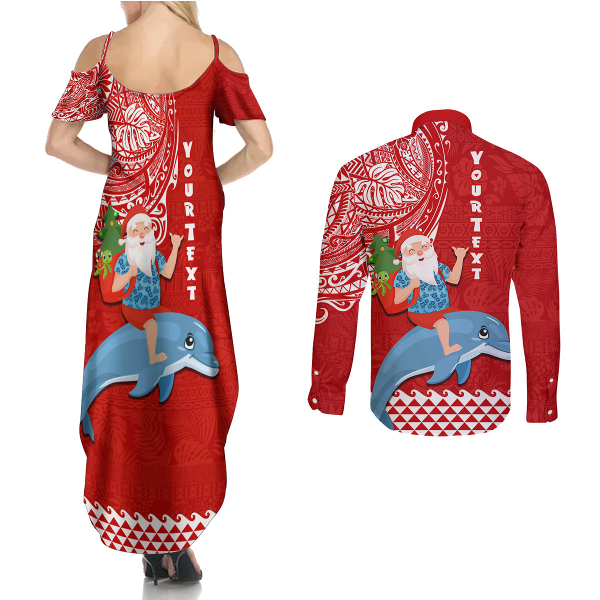 Custom Hawaii Mele Kalikimaka Couples Matching Summer Maxi Dress and Long Sleeve Button Shirt Santa Riding The DolPhin Mix Kakau Pattern Red Style LT03 - Polynesian Pride