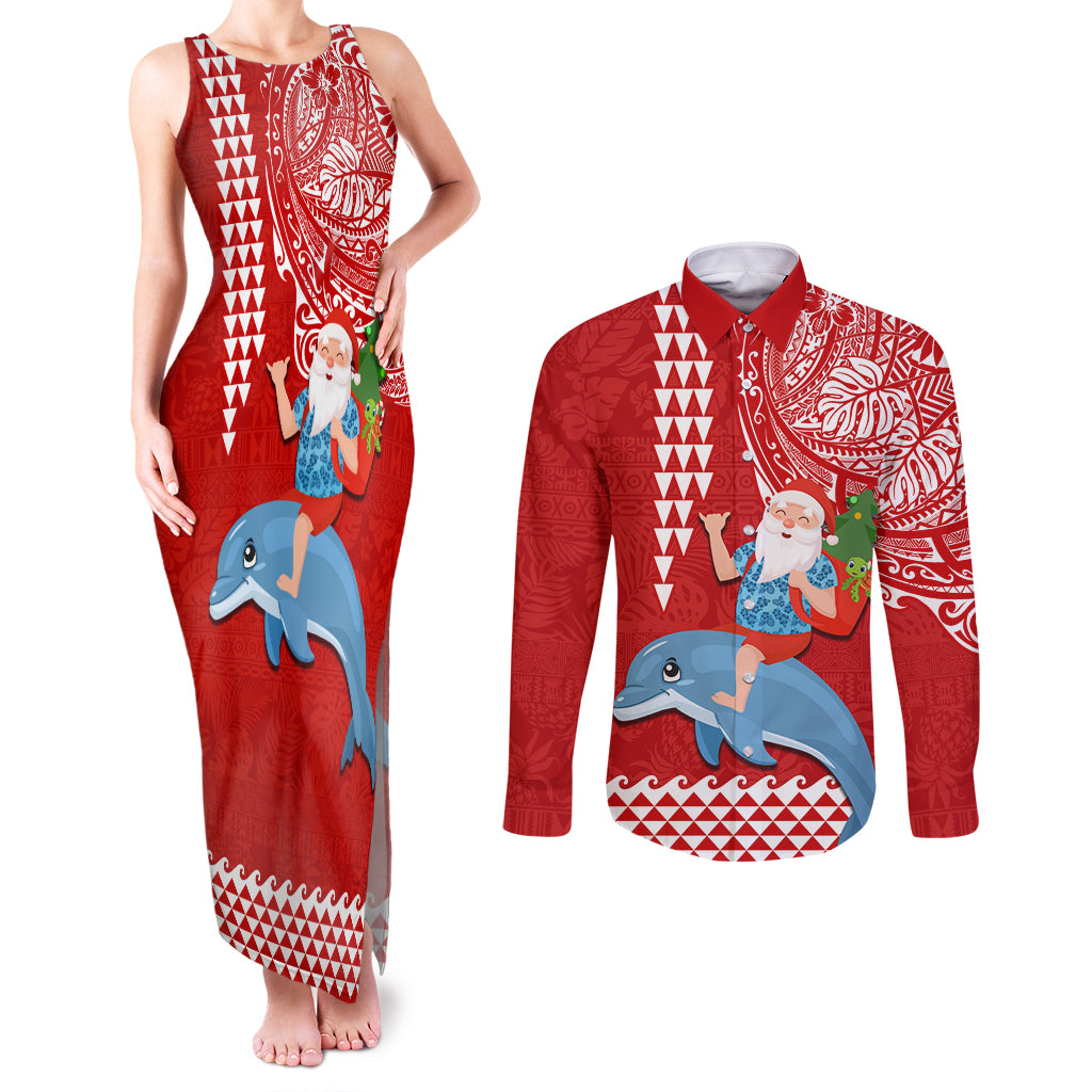 Custom Hawaii Mele Kalikimaka Couples Matching Tank Maxi Dress and Long Sleeve Button Shirt Santa Riding The DolPhin Mix Kakau Pattern Red Style LT03 Red - Polynesian Pride