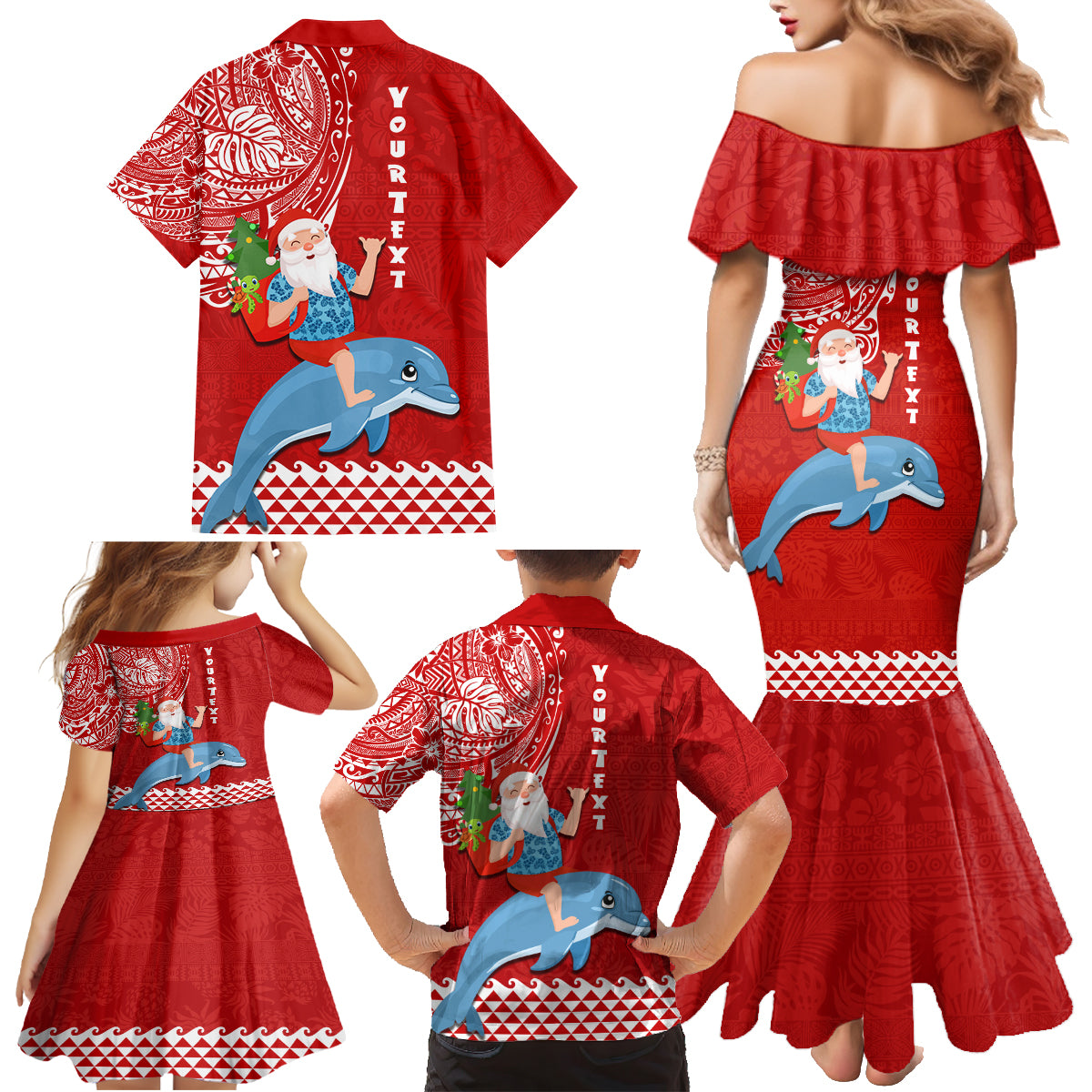 Custom Hawaii Mele Kalikimaka Family Matching Mermaid Dress and Hawaiian Shirt Santa Riding The DolPhin Mix Kakau Pattern Red Style LT03 - Polynesian Pride