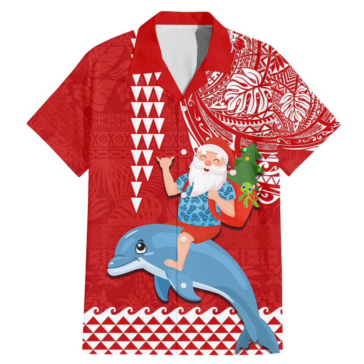 Custom Hawaii Mele Kalikimaka Family Matching Mermaid Dress and Hawaiian Shirt Santa Riding The DolPhin Mix Kakau Pattern Red Style LT03 Dad's Shirt - Short Sleeve Red - Polynesian Pride