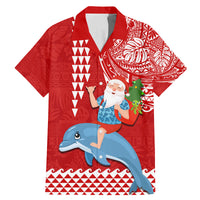 Custom Hawaii Mele Kalikimaka Family Matching Mermaid Dress and Hawaiian Shirt Santa Riding The DolPhin Mix Kakau Pattern Red Style LT03 Dad's Shirt - Short Sleeve Red - Polynesian Pride