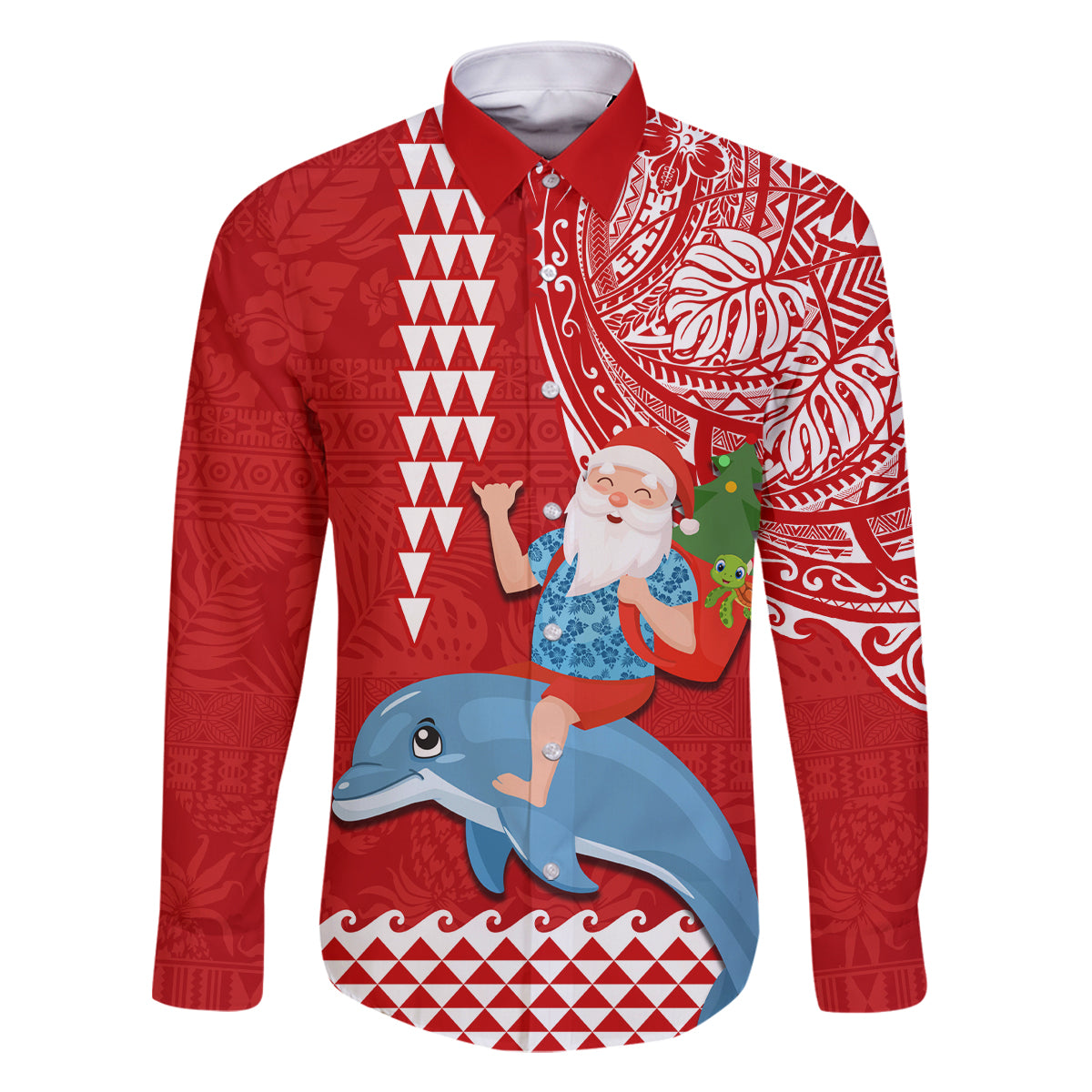 Custom Hawaii Mele Kalikimaka Family Matching Mermaid Dress and Hawaiian Shirt Santa Riding The DolPhin Mix Kakau Pattern Red Style LT03 Dad's Shirt - Long Sleeve Red - Polynesian Pride