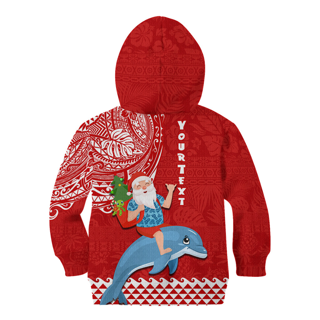 Custom Hawaii Mele Kalikimaka Kid Hoodie Santa Riding The DolPhin Mix Kakau Pattern Red Style LT03 - Polynesian Pride