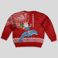 Custom Hawaii Mele Kalikimaka Kid Ugly Christmas Sweater Santa Riding The DolPhin Mix Kakau Pattern Red Style LT03 - Polynesian Pride