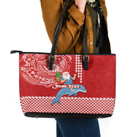 Custom Hawaii Mele Kalikimaka Leather Tote Bag Santa Riding The DolPhin Mix Kakau Pattern Red Style LT03 - Polynesian Pride
