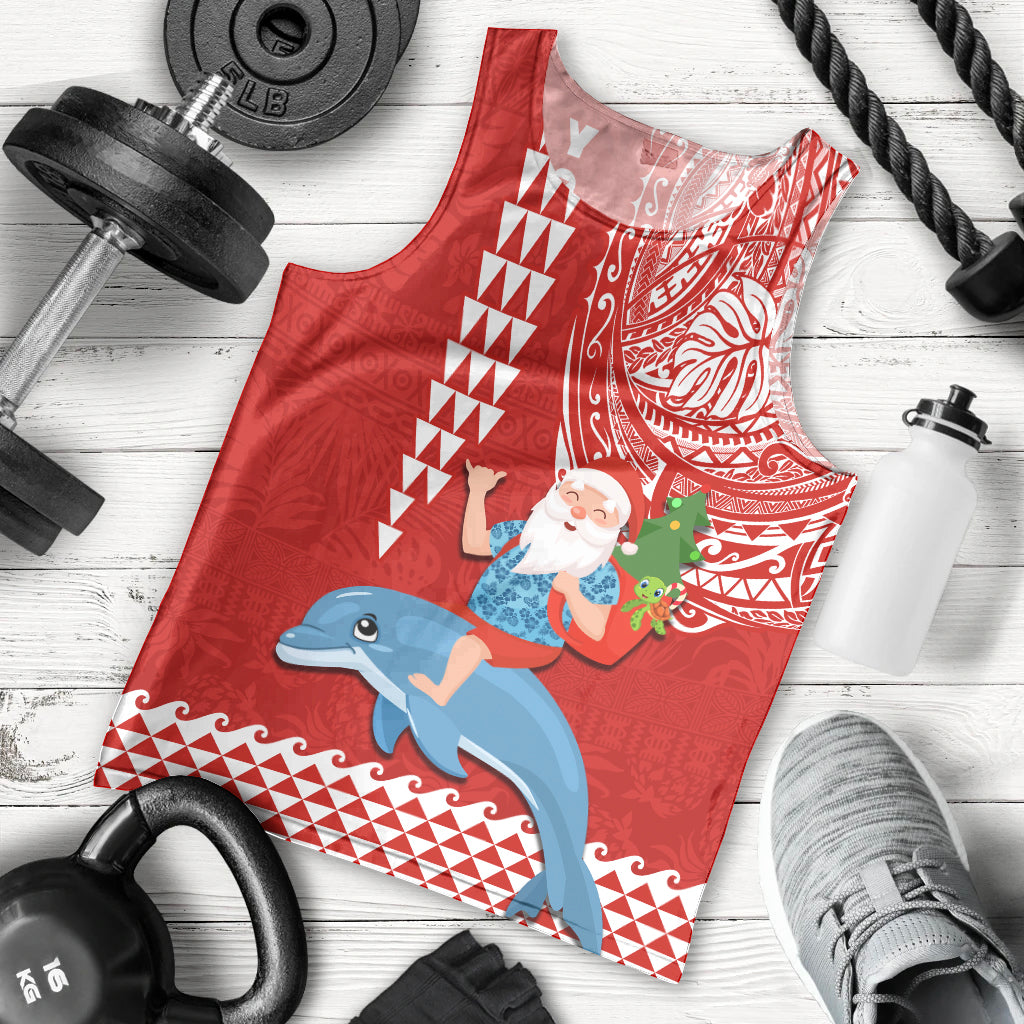 Custom Hawaii Mele Kalikimaka Men Tank Top Santa Riding The DolPhin Mix Kakau Pattern Red Style LT03 - Polynesian Pride