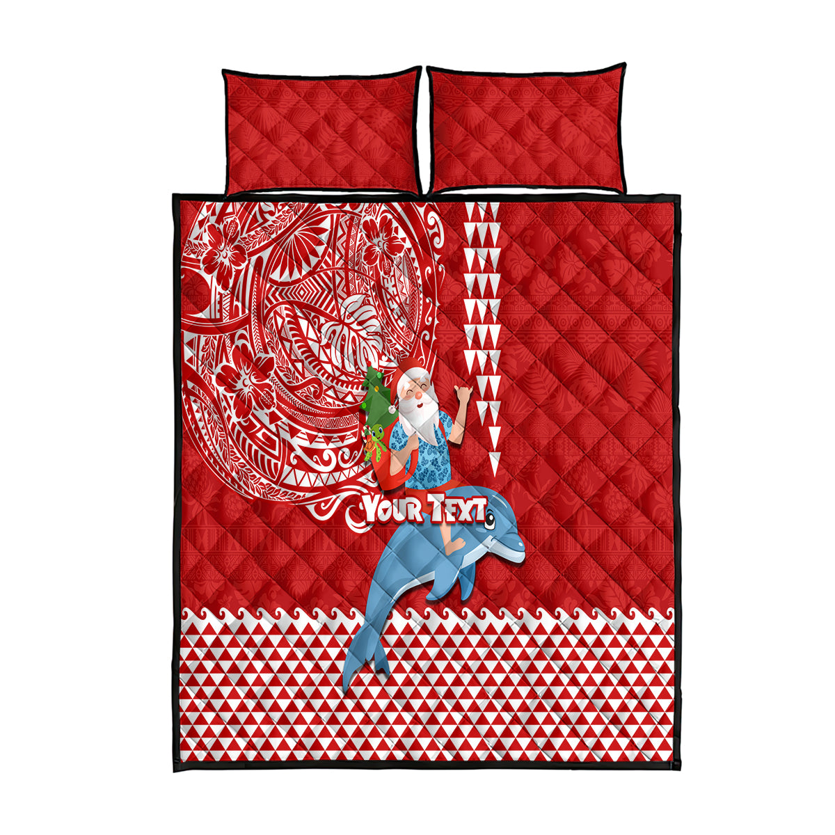 Custom Hawaii Mele Kalikimaka Quilt Bed Set Santa Riding The DolPhin Mix Kakau Pattern Red Style LT03 Red - Polynesian Pride