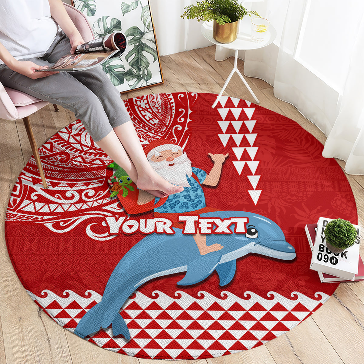 Custom Hawaii Mele Kalikimaka Round Carpet Santa Riding The DolPhin Mix Kakau Pattern Red Style LT03 - Polynesian Pride