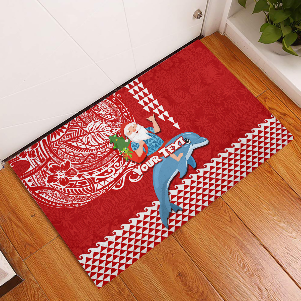 Custom Hawaii Mele Kalikimaka Rubber Doormat Santa Riding The DolPhin Mix Kakau Pattern Red Style LT03 Red - Polynesian Pride