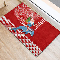 Custom Hawaii Mele Kalikimaka Rubber Doormat Santa Riding The DolPhin Mix Kakau Pattern Red Style LT03 - Polynesian Pride